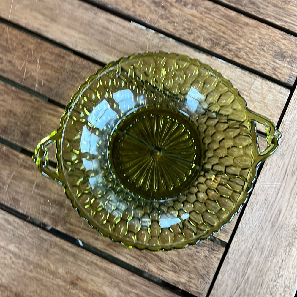Vintage 2 Handled Honeycomb Green Dish by INDIANA GLASS